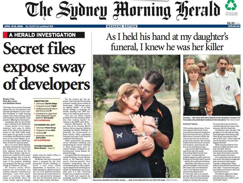 Front page of Sydney Morning Herald April 12, 2008. Story about murder of Jody Galante. Edmund Tadros